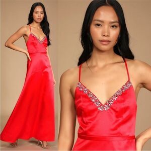 Lulus In My Fantasy Red Satin Rhinestone Maxi Dress Small